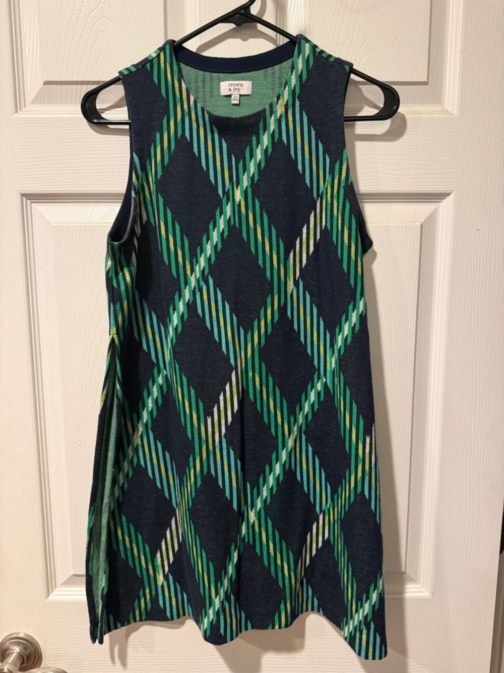 crown & ivy Navy Dress with Green Argyle Pattern